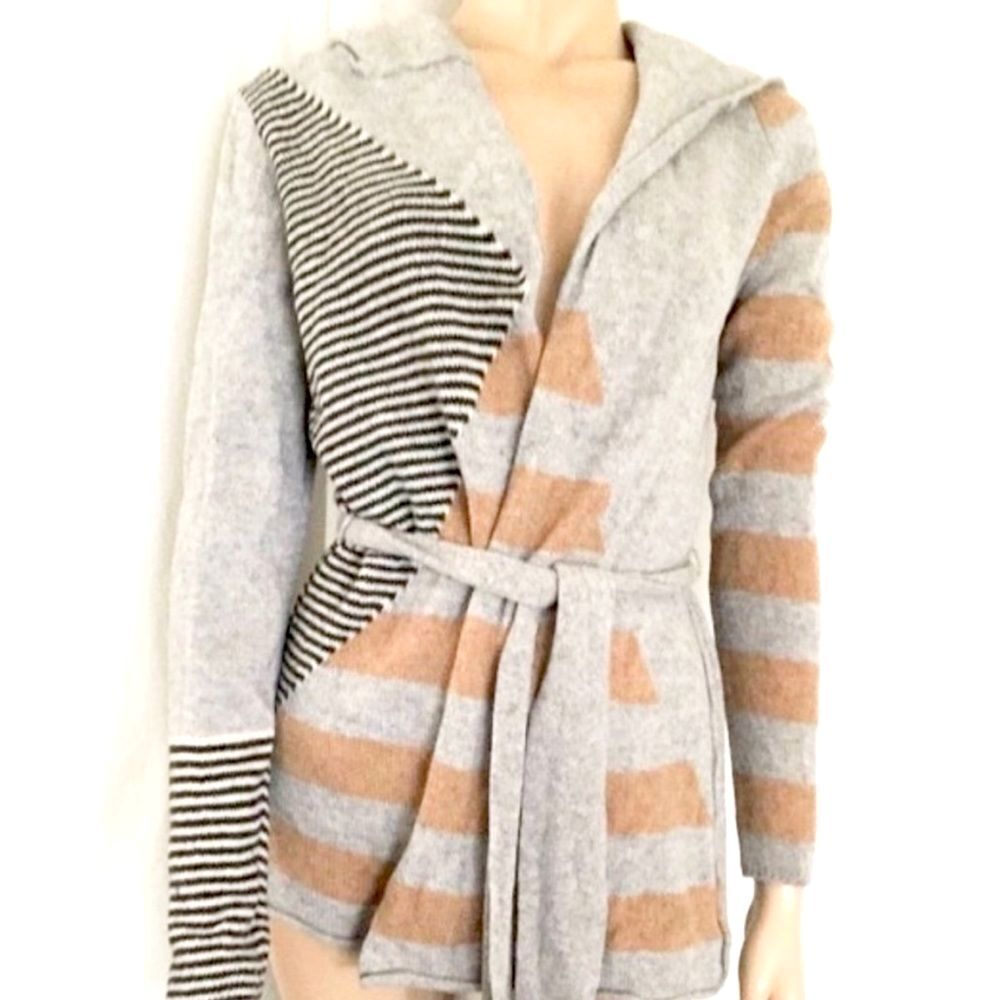 Anthropologie Sparrow Lambswool Grey Contrast Stripe Hooded Cardigan Sweater Xs